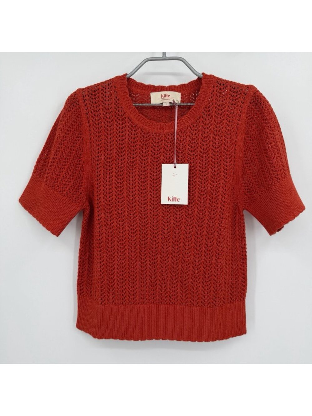 Kilte Collection Nicci Tee in Cherry Red Crochet Knit Cotton-Cashmere 2/M $215